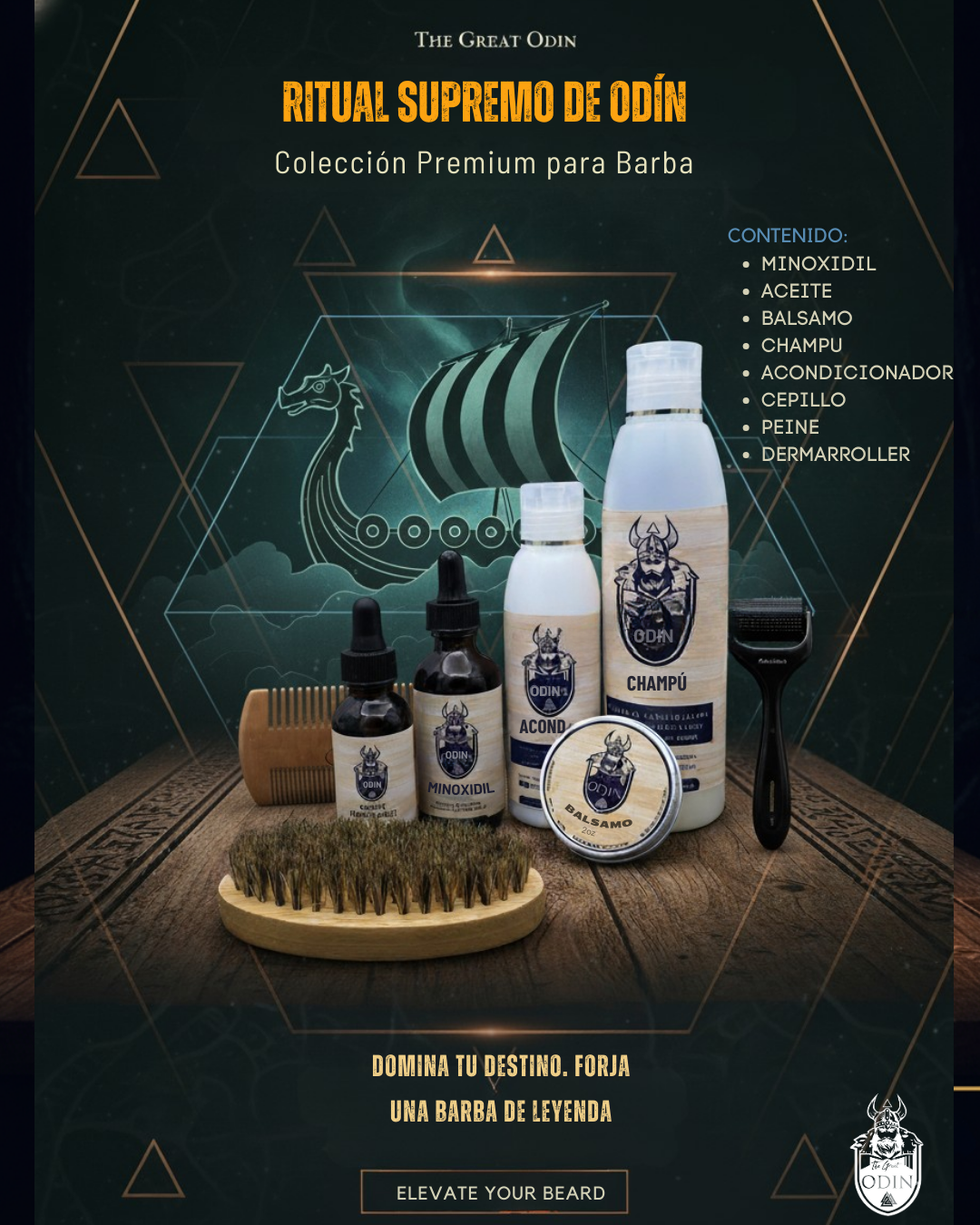 Complete beard kit by The Great Odin featuring grooming tools and products in a stylish arrangement.