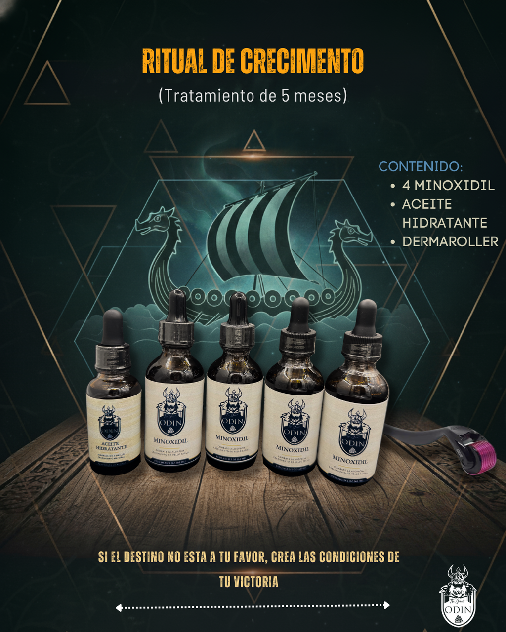 Tratamiento de crecimiento RITUAL DE CRECIMIENTO VIKINGO de The Great Odin en un frasco elegante sobre fondo neutro.