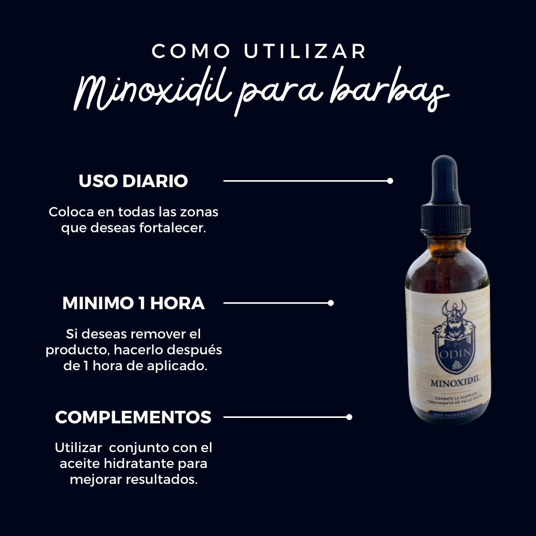 RITUAL DE CRECIMIENTO VIKINGO by The Great Odin, featuring Minoxidil treatment for hair growth on a black background.