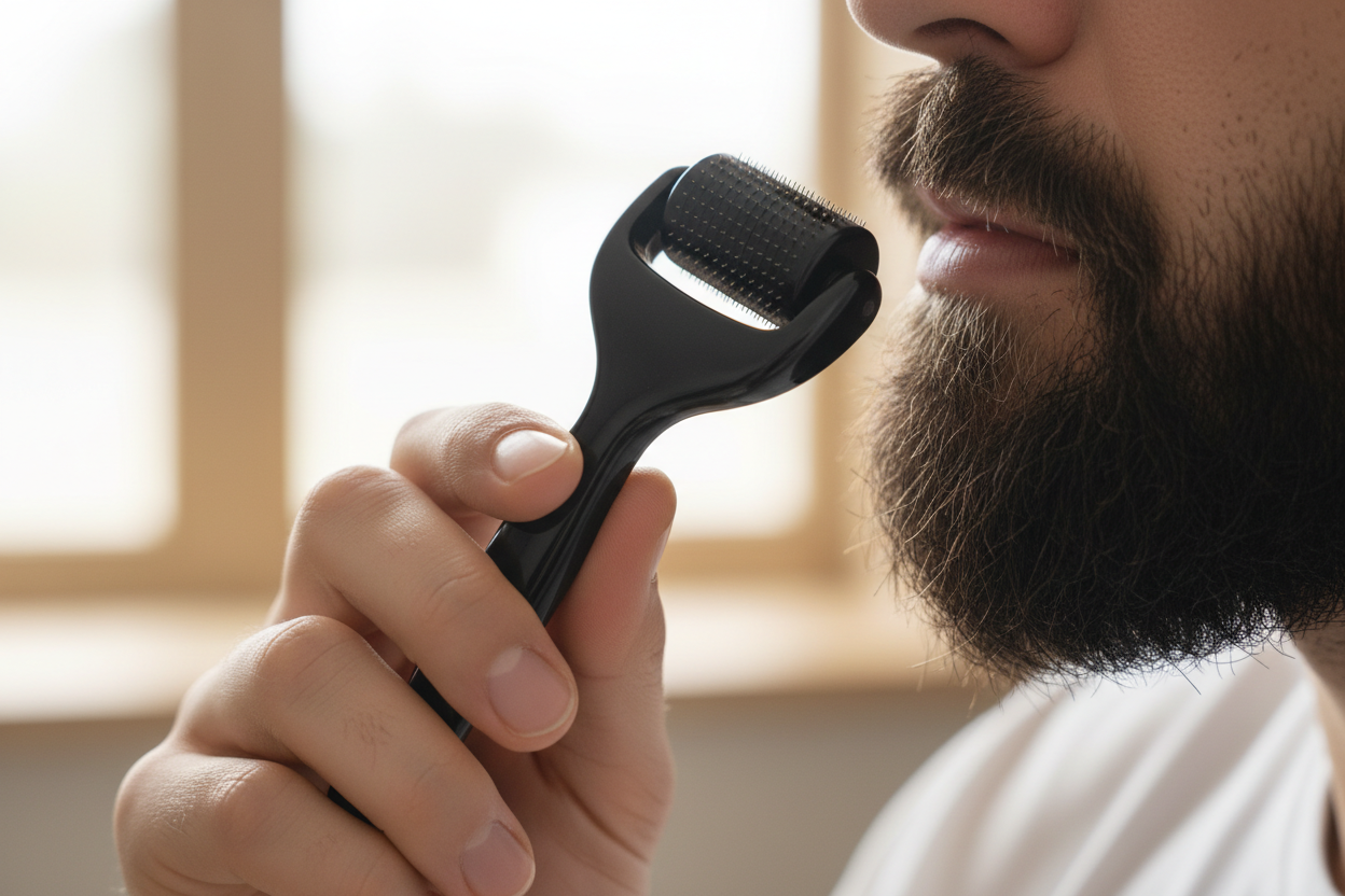 Kit completo para barba The Great Odin con dermaroller negro en mano, listo para uso en la barba.
